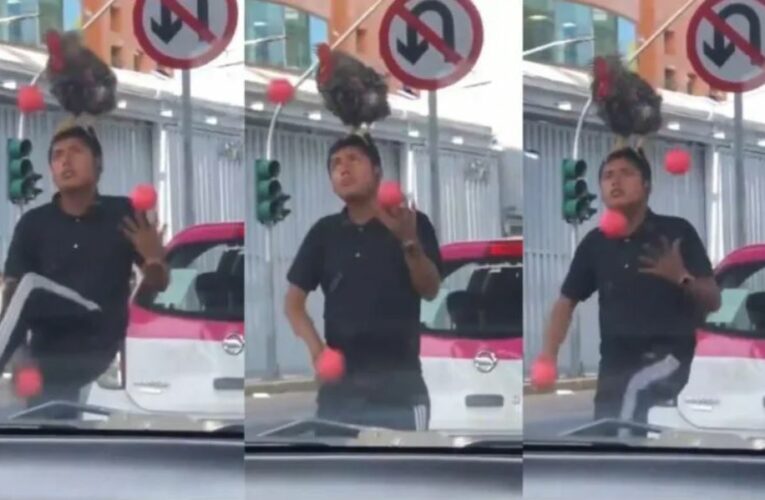 Malabarista sorprenden con un gallo en la cabeza y se hace viral