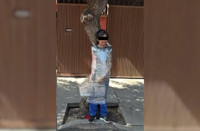 Envuelto para regalo: Vecinos emplayan a presunto ladrón de bicicleta contra un árbol en la CDMX